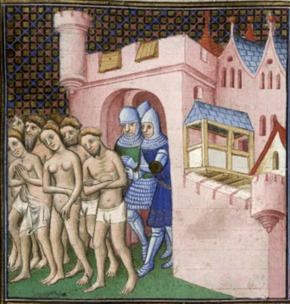 Cathars expelled from Carcassonne, 14th-century manuscript illumination