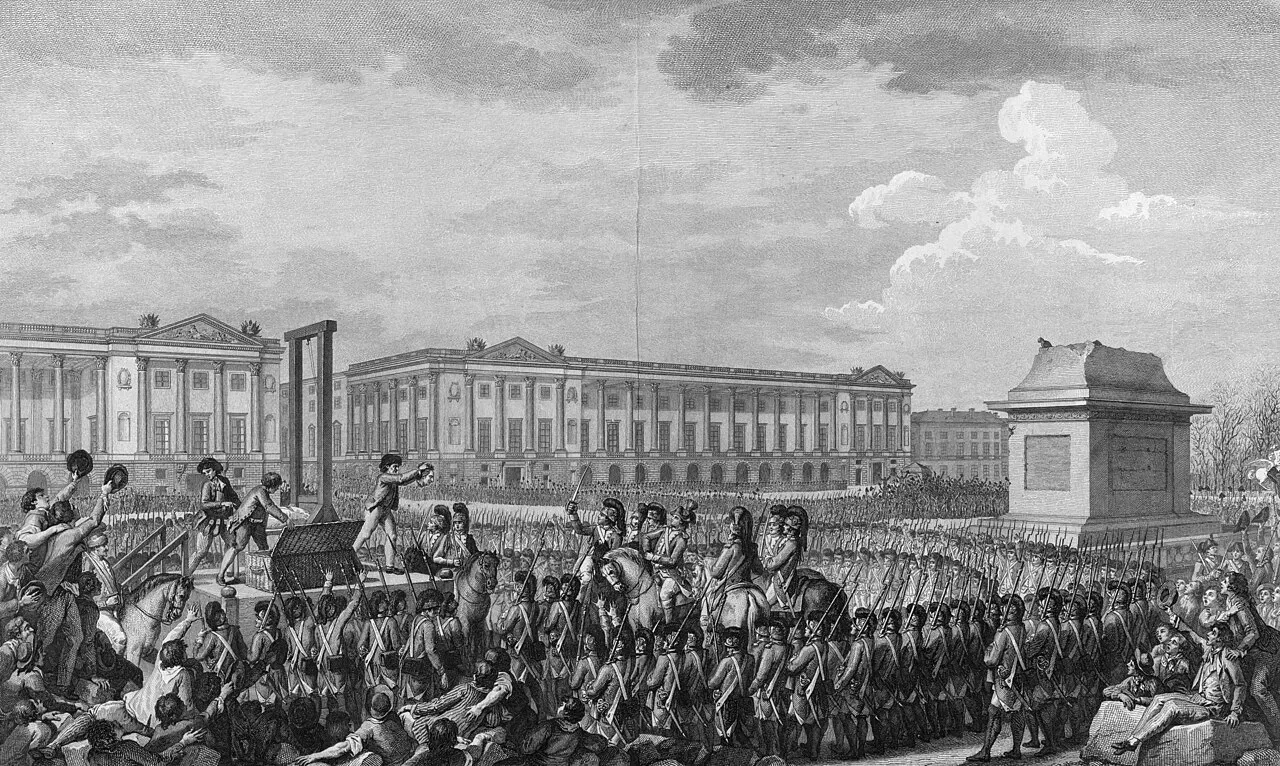 Contemporary print of the execution of Louis XVI by guillotine at the Place de la Révolution, 21 January 1793.