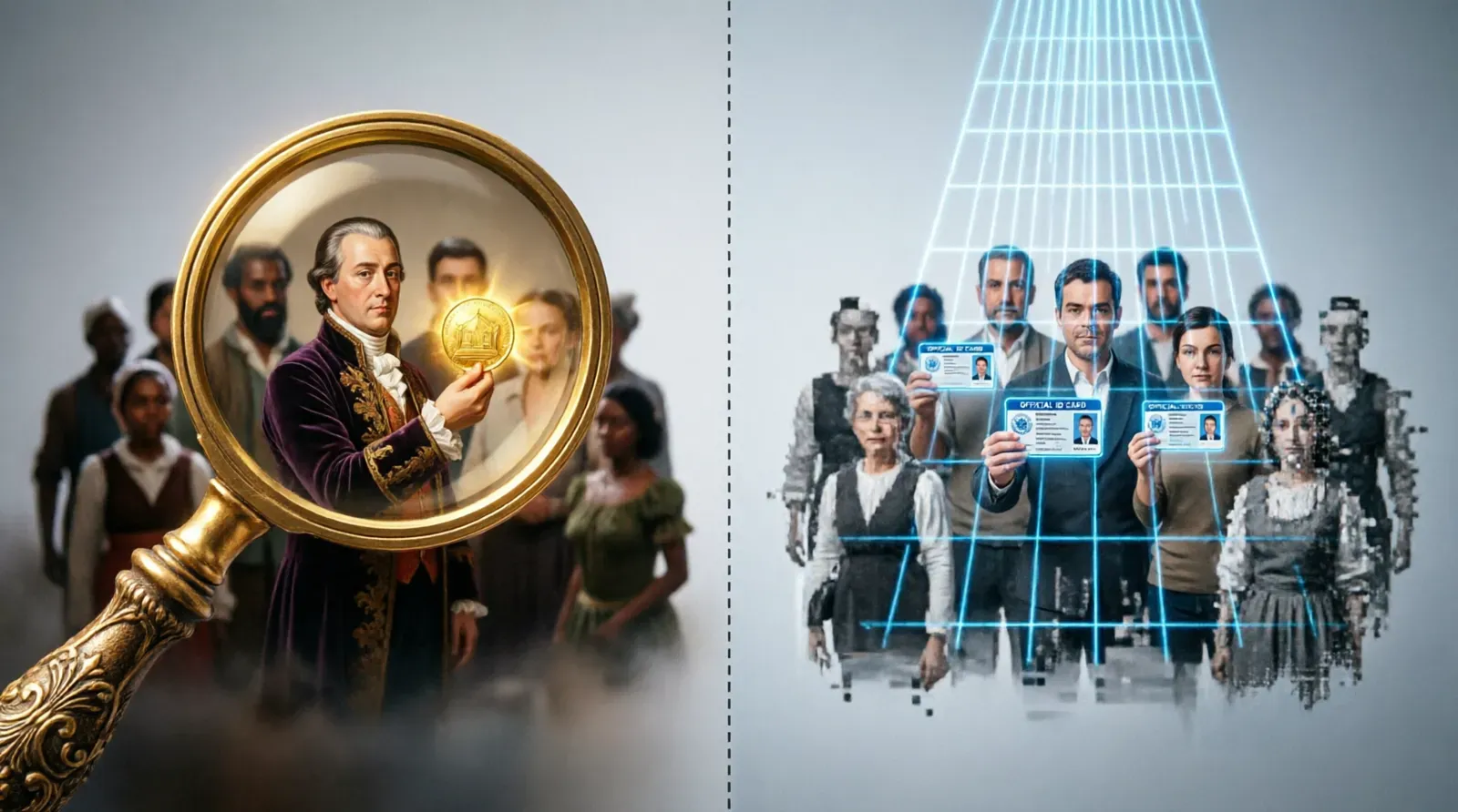 Then versus now: a magnifying glass on a wealthy past figure beside modern people holding glowing ID cards