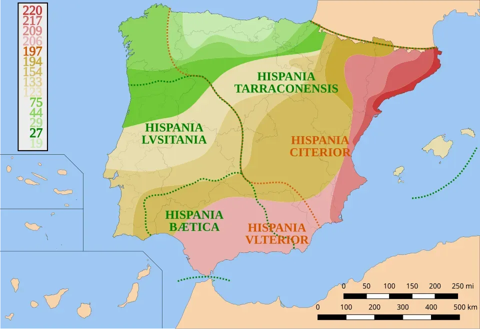 Map showing the stages of the Roman conquest of the Iberian Peninsula, from 218 BC to 19 BC