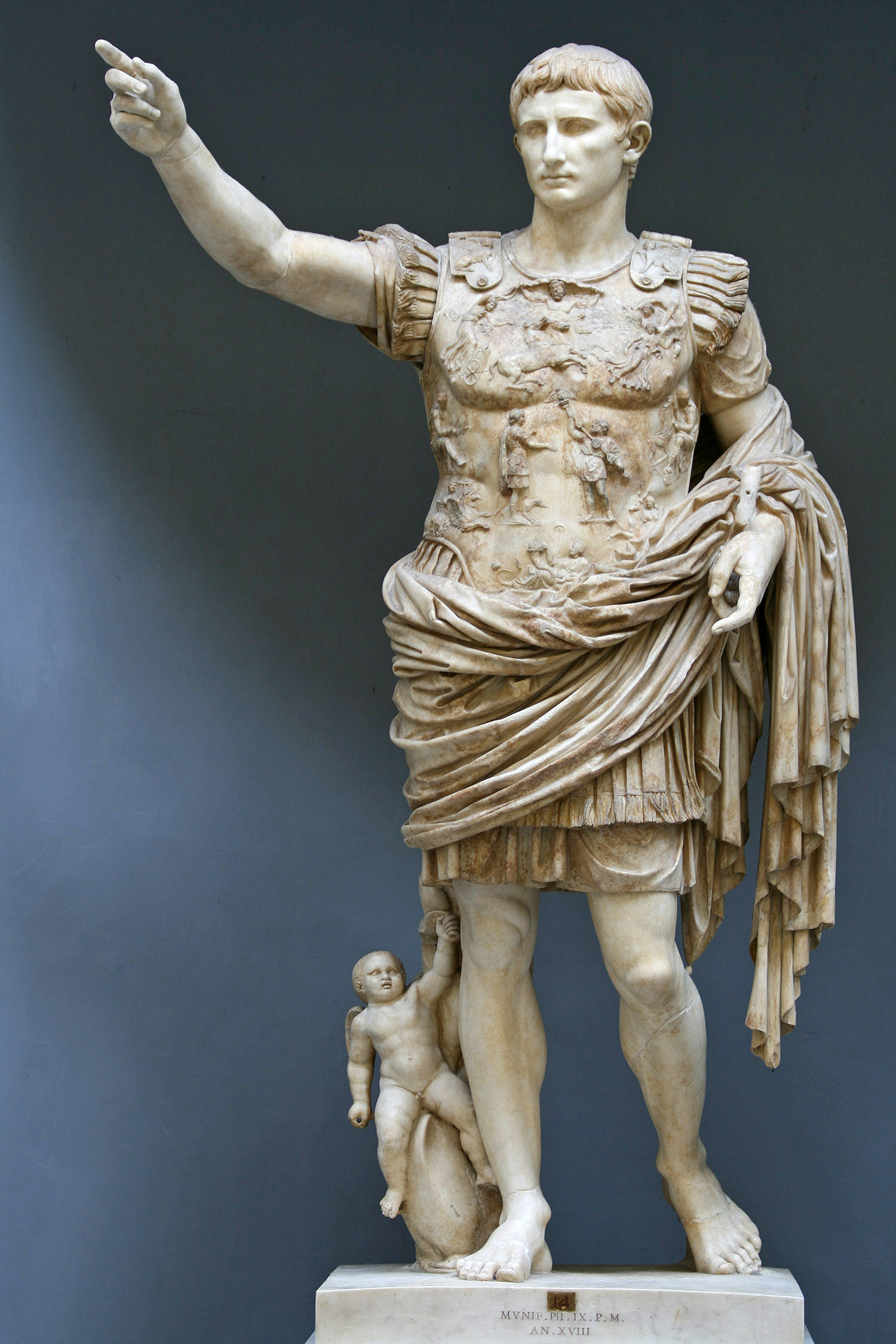 The Augustus of Prima Porta, a Roman marble statue created c. AD 15, found at the Villa of Livia, now in the Vatican Museums