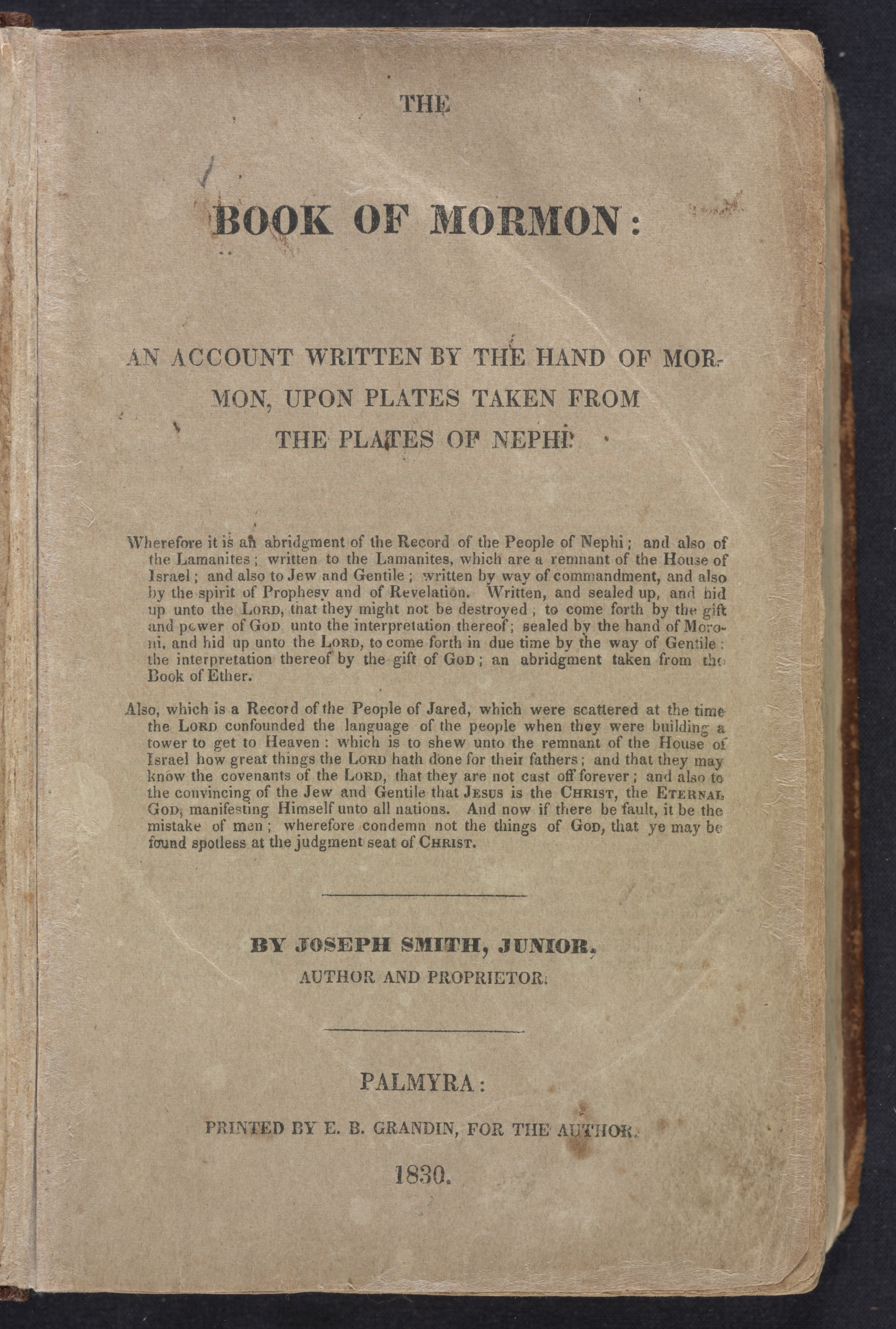 Title page of the first edition of the Book of Mormon, 1830