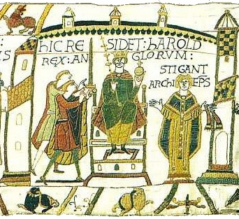 Harold Godwinson enthroned as King of England, from the Bayeux Tapestry, c. 1070–1080