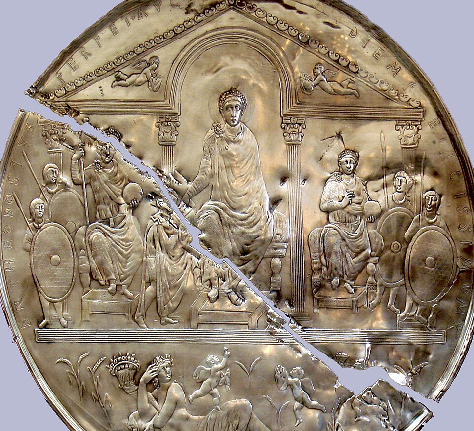 The Missorium of Theodosius I, a silver ceremonial dish showing the emperor with co-emperors Valentinian II and Arcadius