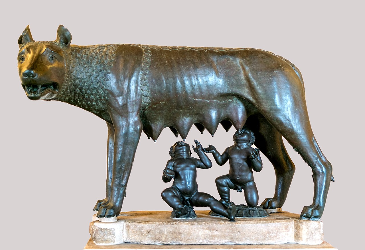 The Capitoline Wolf statue with Romulus and Remus, emblem of Rome's founding myth.