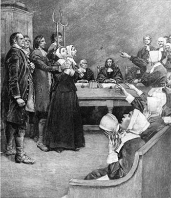 Engraving of two alleged witches being tried in Salem, Massachusetts, by Howard Pyle, 1893