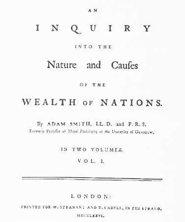 Title page of the first edition of The Wealth of Nations, published 9 March 1776